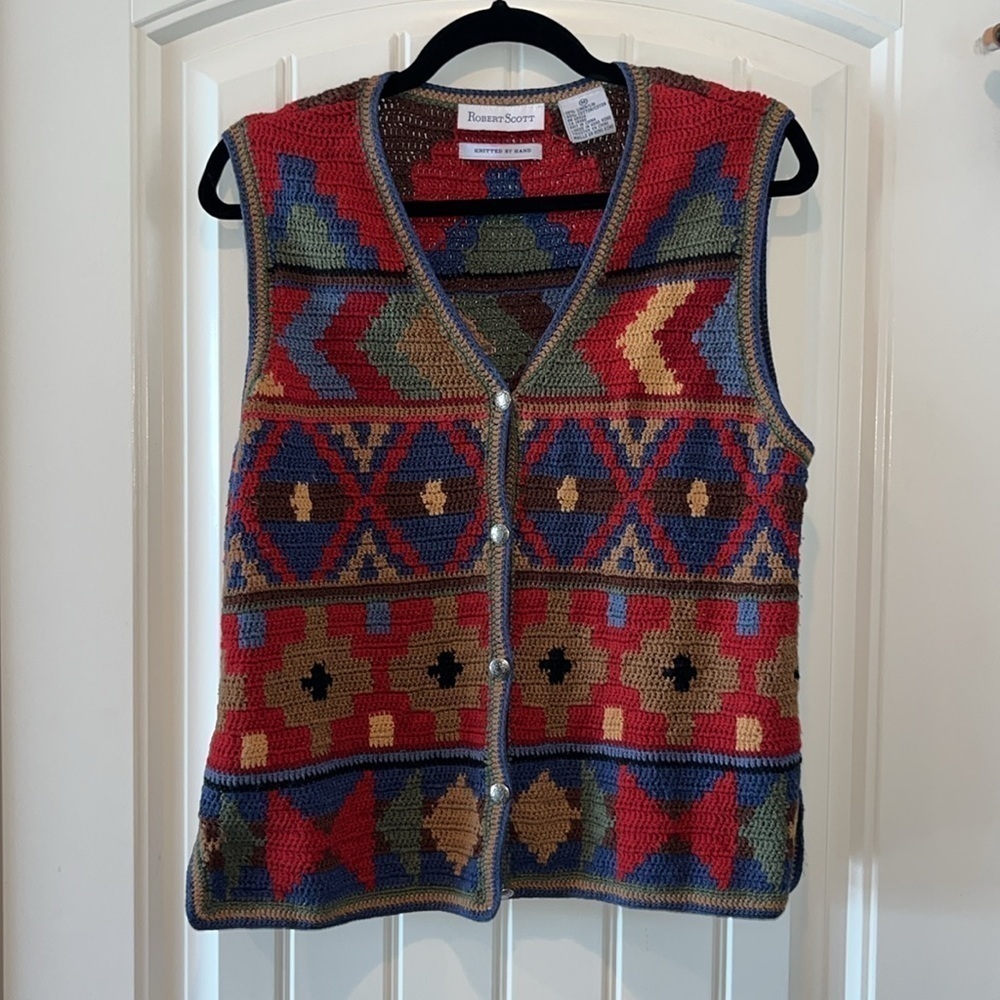 Southwestern knit by hand linen/cotton blend vintage colorful open knit vest Med